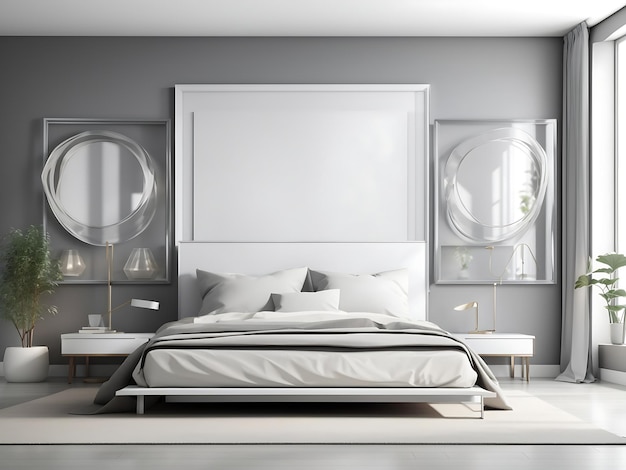 창의적인 인테리어 개념 침대가 있는 빈 프레임 침실 3개를 갖춘 추상적인 회색의 선명한 대형 벽