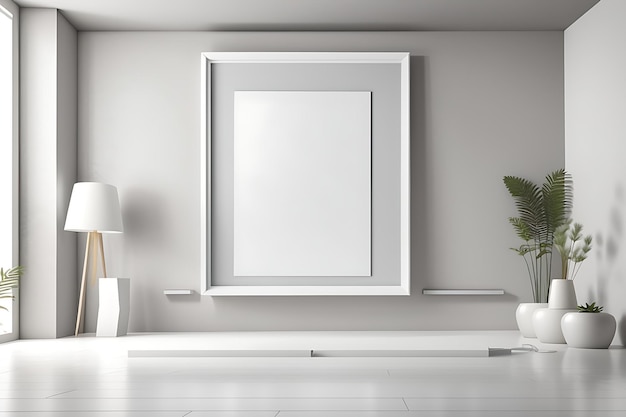 創造的なインテリア コンセプト空白の空のフレームを持つ抽象的な白灰色の壁の部屋