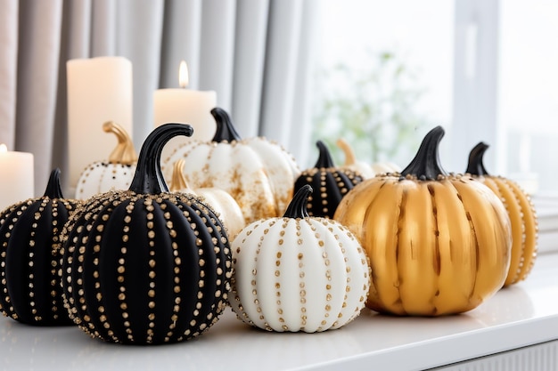 Creative interior decor made from white golden and black pumpkins Autumn home decor concept AI Generative