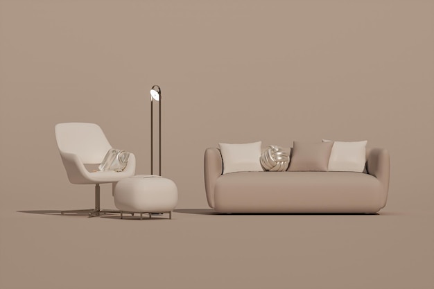 Creative interior design in beige studio with floor lamp and armchair.