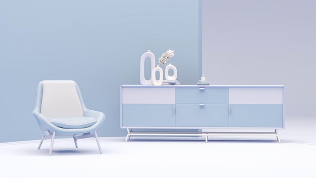 Creative interior design in pastel blue studio with sideboard lamp plant pot and armchair 3D