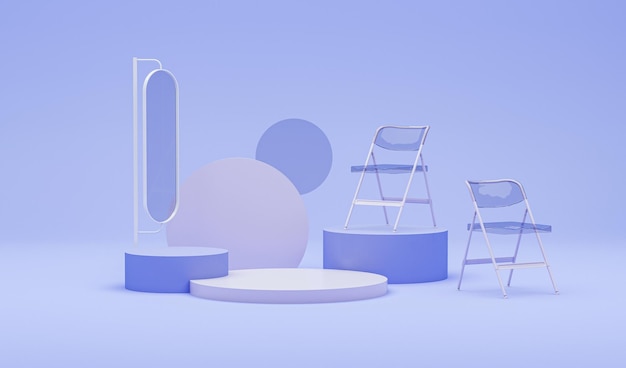 귀여운 의자, 연단이 있는 파스텔 퍼플 및 블루 스튜디오의 창의적인 인테리어 디자인. 트렌드 컬러 예