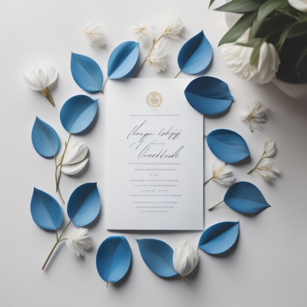 Photo creative invitation layout made of blue flowers and leaves on a white background