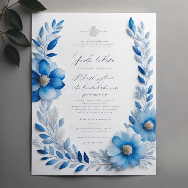 Creative Invitation layout made of blue flowers and leaves on a white background