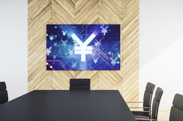 현대적인 회의실 은행 및 투자 개념 3D 렌더링에서 프레젠테이션 TV 화면의 독창적인 일본 엔 기호 홀로그램