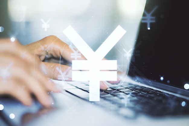Creative Japanese Yen symbol illustration and hands typing on computer keyboard on background forex and currency concept Multiexposure