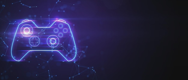 Creative joystick or gamepad hologram on blurry purple background with mock up place Esport gaming and fun concept 3D Rendering