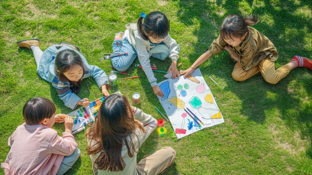 사진 창의적 인 아이 들 이 야외 의 푸른 풀 에서 다채로운 그림 을 그리는 활동 에 참여 하고 있다