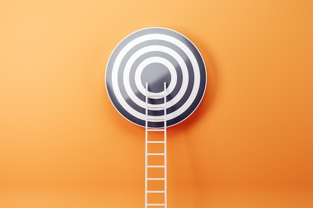 Photo creative ladder leading to bulls eye target on orange wall background targeting career and aim concept 3d rendering