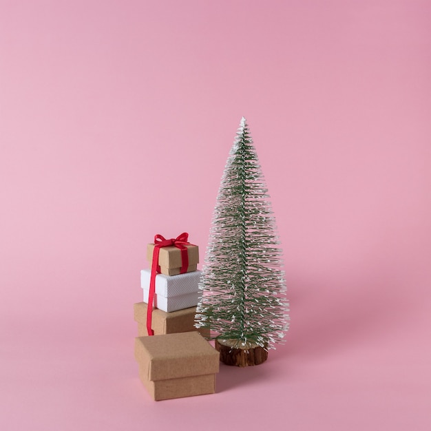 Creative layout of gift boxes and Christmas tree