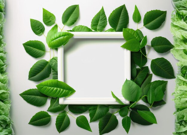 Photo creative layout green leaves with white square frame ai generated