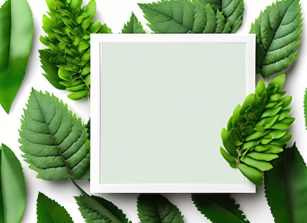 creative layout green leaves with white square frame AI Generated