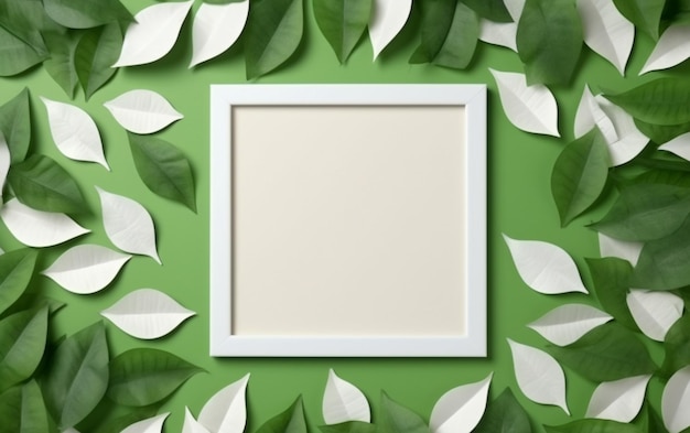 creative layout green leaves with white square frame flat lay for advertising card or invitation