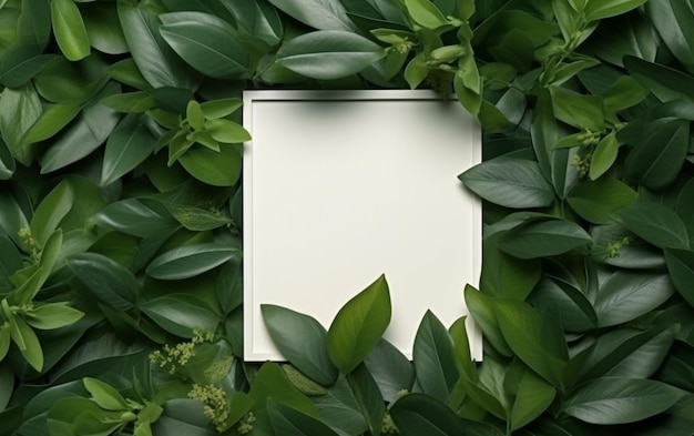 Photo creative layout green leaves with white square frame flat lay for advertising card or invitation