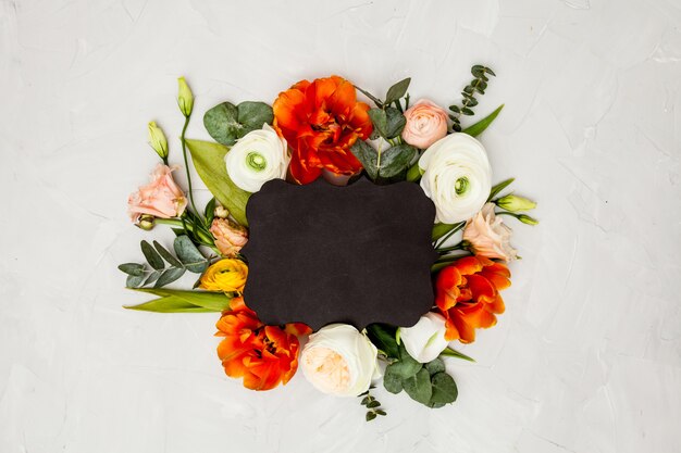 Foto disposizione creativa. scudo araldico al centro della foto con bellissimi fiori, foglie e spazio per le copie