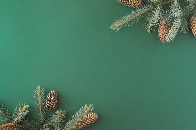 Creative layout made of Christmas tree branches on green paper background. Flat lay. Top vew. Nature New Year concept.