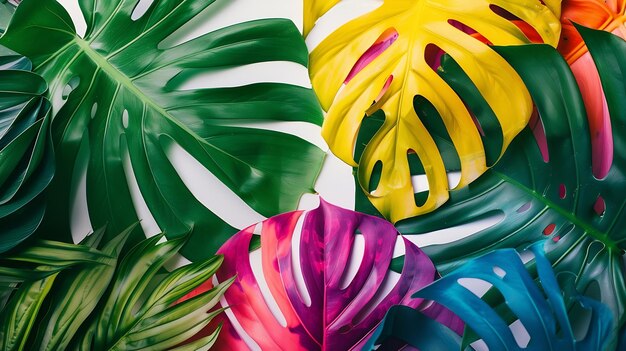 Photo creative layout made of colorful tropical leaves on white background generative ai