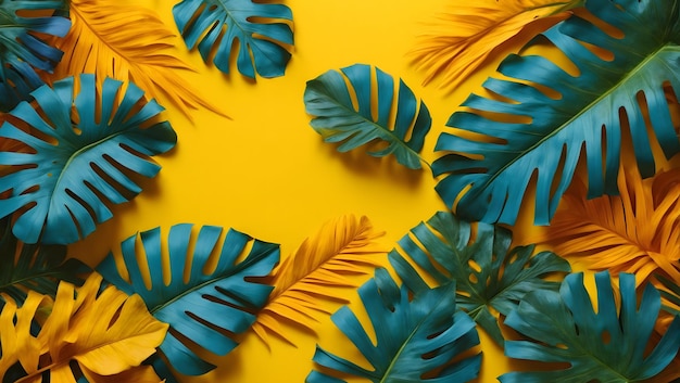 Creative layout made of colorful tropical leaves on yellow and blue background