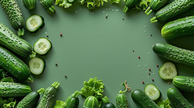 Creative layout made of cucumber on the green background Flat lay Generative Ai