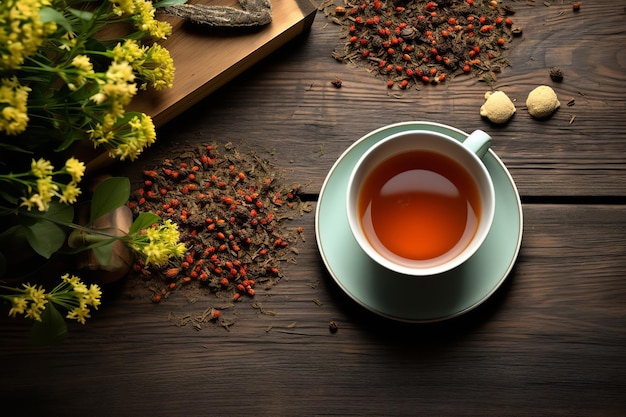 creative layout made of cup of herbal tea background