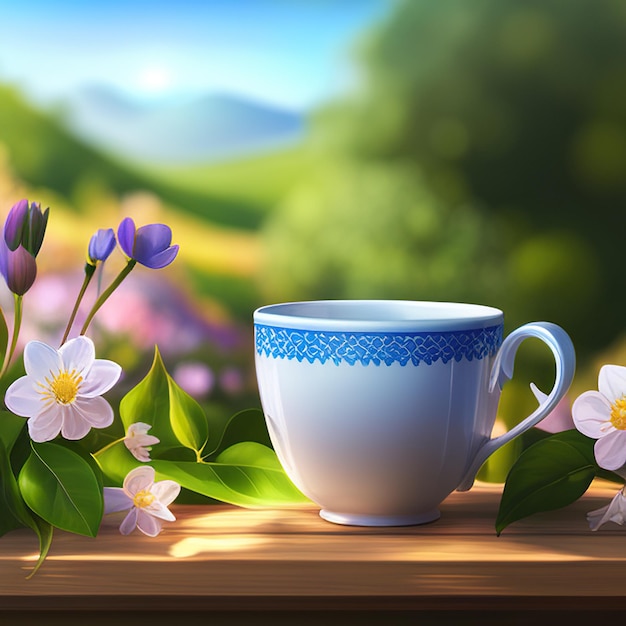 Creative layout made cup tea and flowers on wooden table on blurred background in garden generative