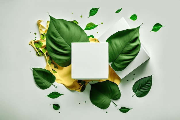 Creative layout made of eco green leaves splash and empty white box