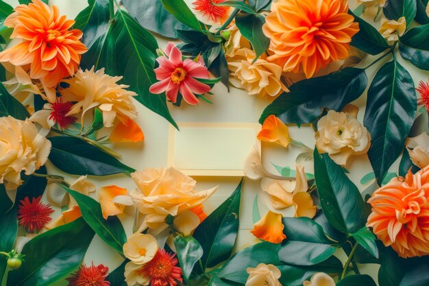 Photo creative layout made of flowers and leaves with paper card note