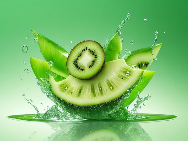 Creative layout made from sliced of kiwi and water splashing on a green background