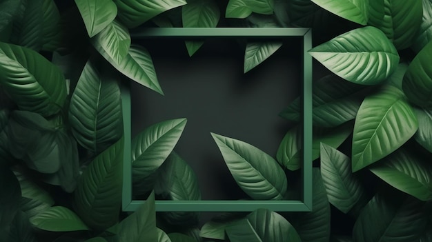 Creative layout made of green leaves with square frame minimal nature concept 3d render