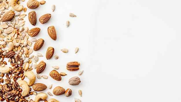Photo creative layout made of hazelnut nuts almonds walnut peanut pecan sunflower seeds fl generative ai