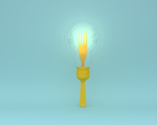 Фото Творческий макет из вилок с желтыми лампочками, сияющими синим цветом. минимальный