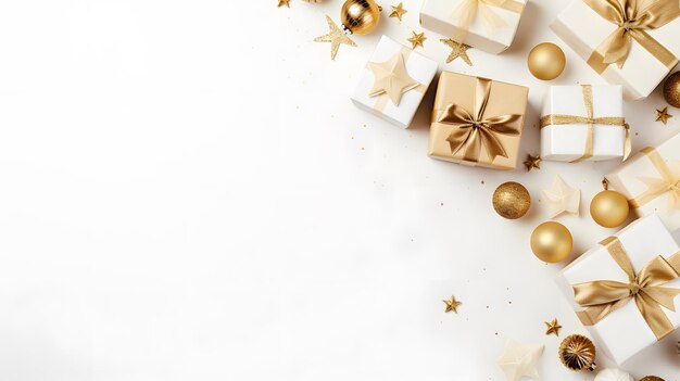 写真 白い背景の金色のクリスマスボールとプレゼントで作られたクリエイティブなレイアウト トップビューコピースペース