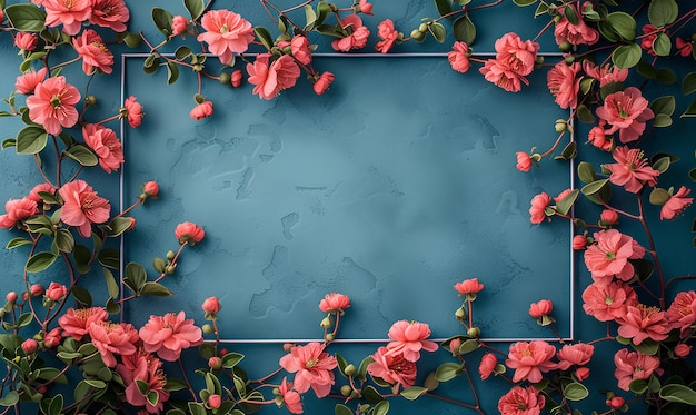 Creative layout made of pink flowers on blue background with frame Flat lay top view copy space