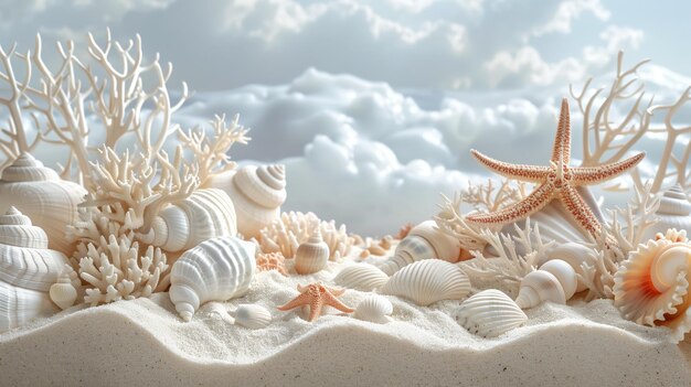 Creative layout made of starfishes corals and seashells on white background