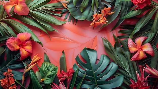 Photo creative layout made of tropical flowers and leaves flat lay nature concept generative ai