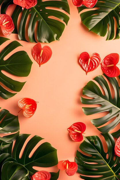 Foto disposizione creativa fatta di foglie tropicali e fiori su sfondo arancione vista superiore piatta