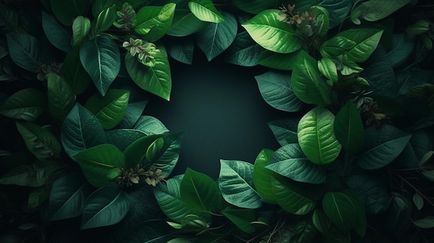 초록색 배경에 열대 잎으로 만든 창의적인 레이아웃 자연 개념
