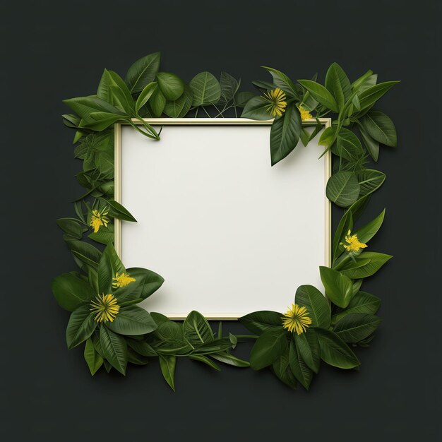 Creative layout made of tropical leaves and yellow flowers Flat lay top view Nature concept