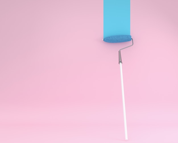 Creative layout of paint roller corn with blue paint on a wall pink background