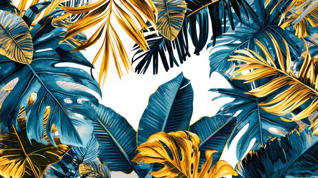 Creative layout of tropical flowers and palm leaves top view flat lay Concept for design