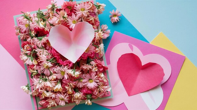 Photo creative layout with pink flowers paper heart over punchy pastel background valentines day card