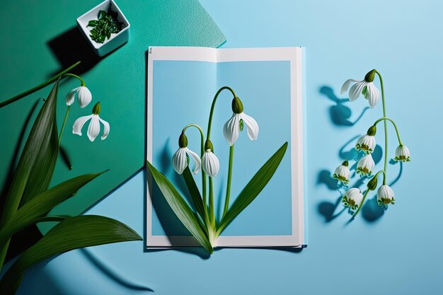 Creative layout with snowdrop colors on a bright blue background Illustration AI Generative