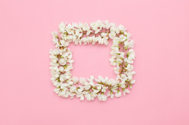 Creative layout with white flowers on light pink