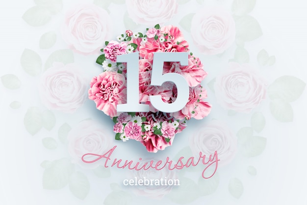 Creative lettering 15 numbers and anniversary celebration text on pink flowers., celebration event, template, flyer