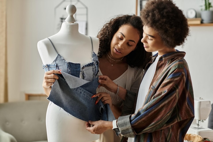 Photo creative lgbt couple upcycling clothes in cozy studio space