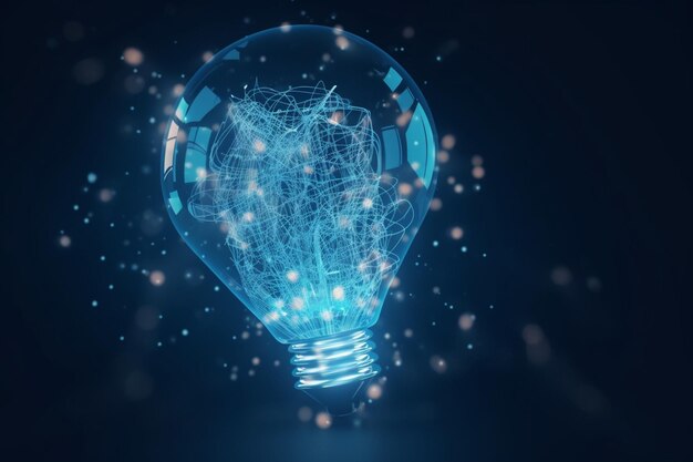 Photo creative light bulb abstract on glowing blue background generative ai