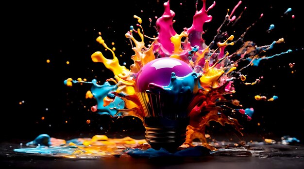 Creative light bulb explodes with colorful paint and splashes on a black background