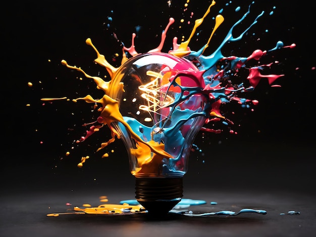 Creative light bulb explodes with colorful paint and splashes on a light gradient background