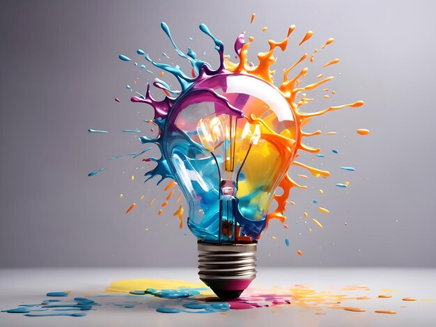 Creative light bulb explodes with colorful paint and splashes on a light gradient background