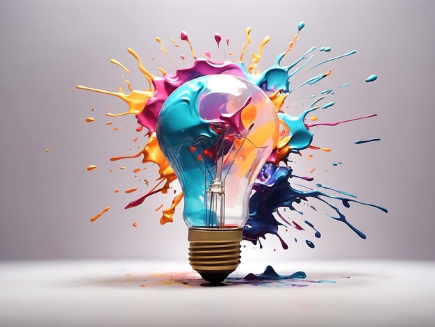 Creative light bulb explodes with colorful paint and splashes on a light gradient background